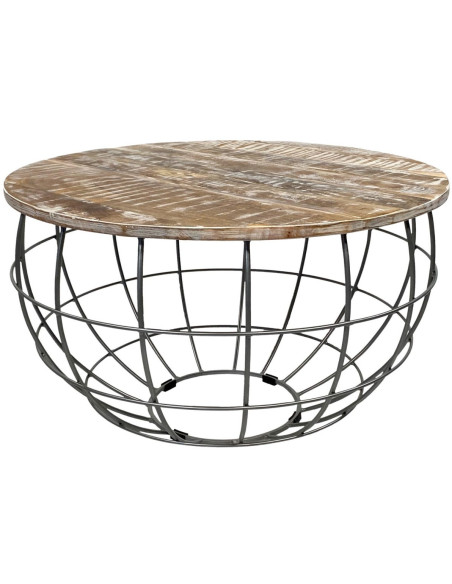 Table basse moderne Ronde en Bois de manguier massif Marron blanchi Métal Gris Velron - 1