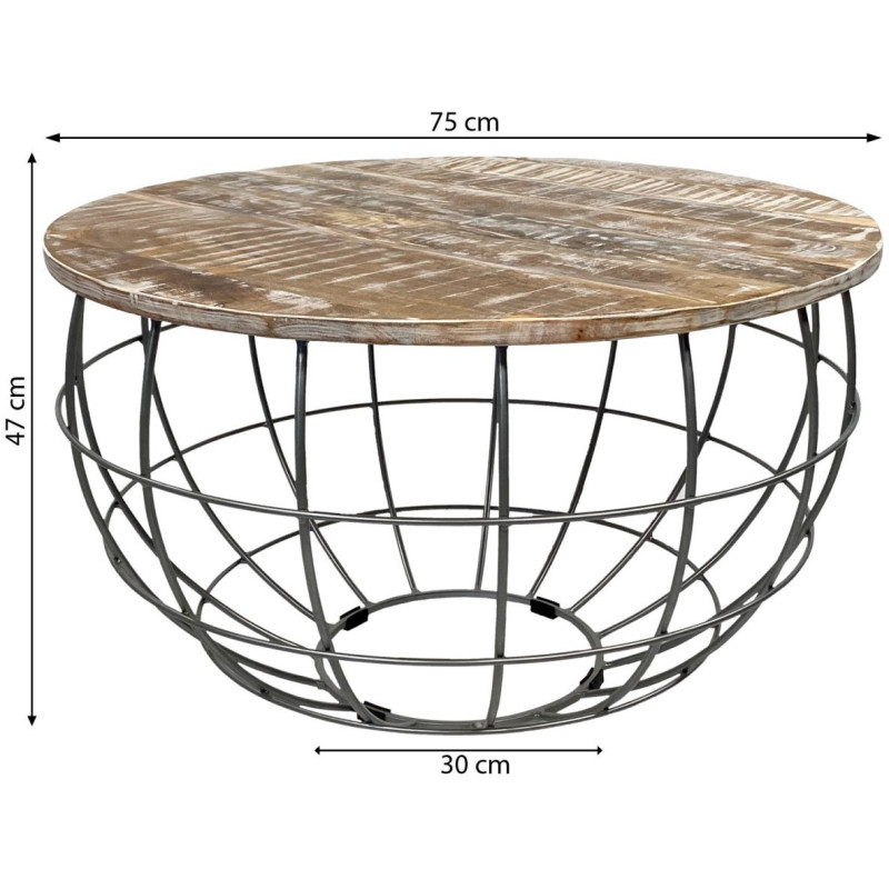 Table basse moderne Ronde en Bois de manguier massif Marron blanchi Métal Gris Velron - 10