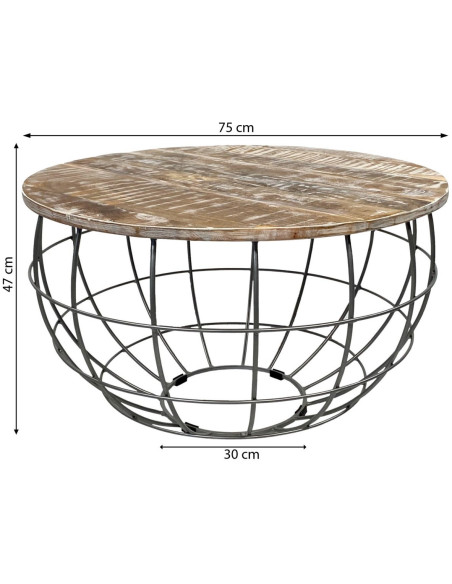 Table basse moderne Ronde en Bois de manguier massif Marron blanchi Métal Gris Velron - 10