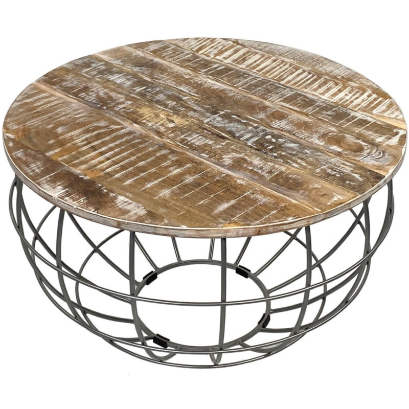 Table basse moderne Ronde en Bois de manguier massif Marron blanchi Métal Gris Velron - 3