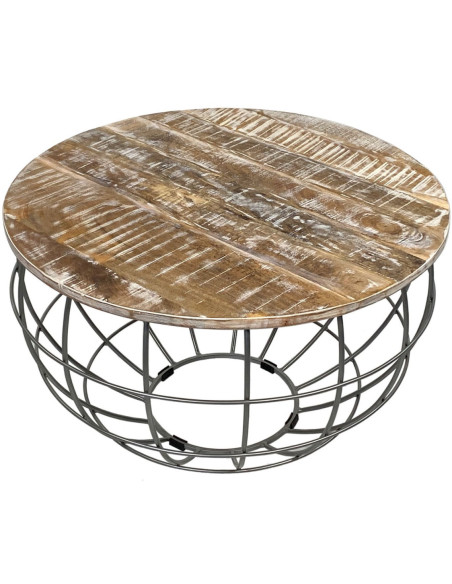 Table basse moderne Ronde en Bois de manguier massif Marron blanchi Métal Gris Velron - 3