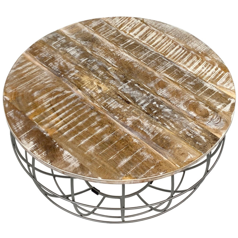 Table basse moderne Ronde en Bois de manguier massif Marron blanchi Métal Gris Velron - 4