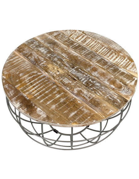 Table basse moderne Ronde en Bois de manguier massif Marron blanchi Métal Gris Velron - 4