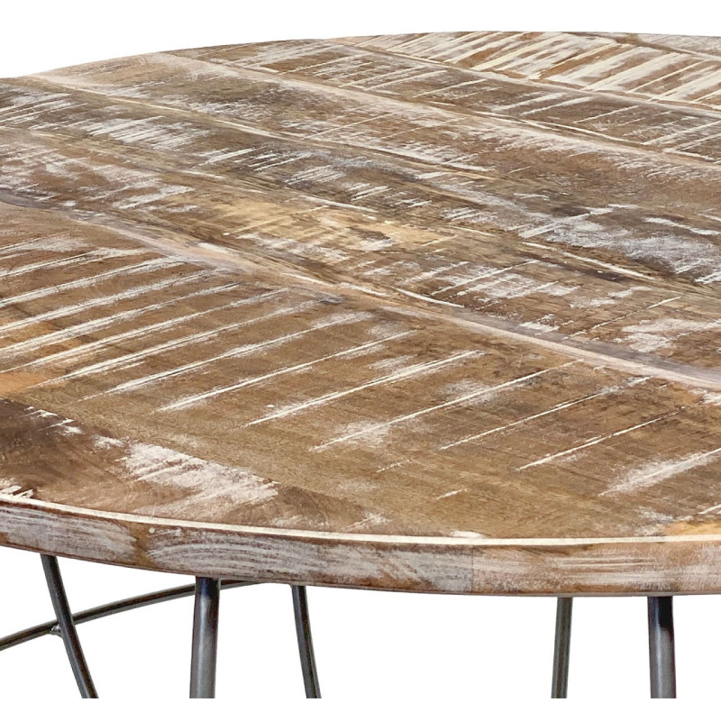 Table basse moderne Ronde en Bois de manguier massif Marron blanchi Métal Gris Velron - 5