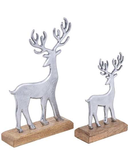 Sculpture déco Cerfs en Bois de manguier massif Naturel Métal Doré Pavron (Lot de 2) - 1