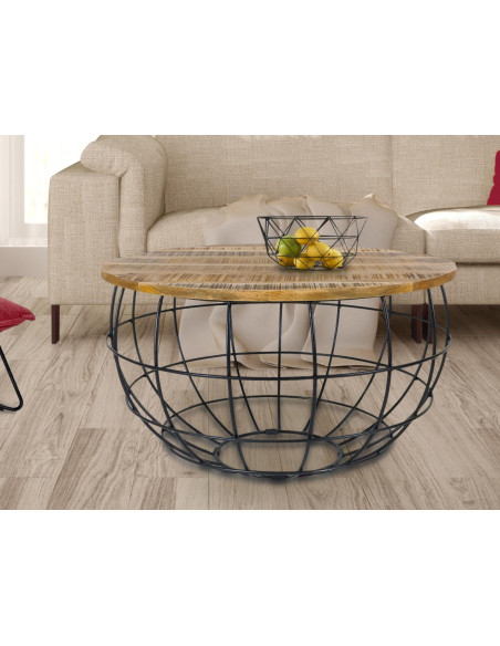 Table basse moderne Ronde en Bois de manguier massif Marron tabac Métal Noir Velron - 2
