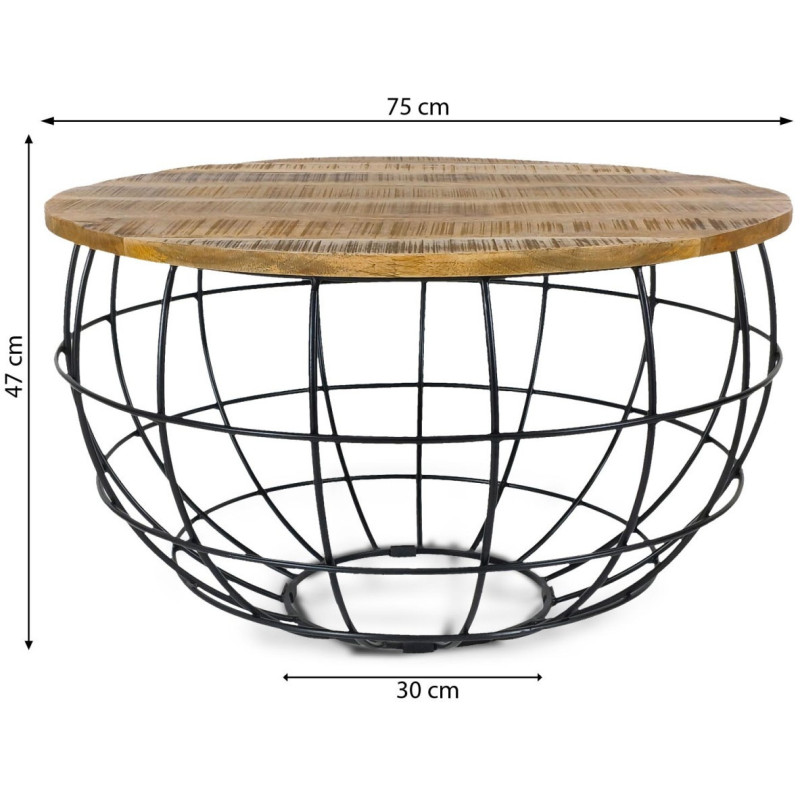 Table basse moderne Ronde en Bois de manguier massif Marron tabac Métal Noir Velron - 7