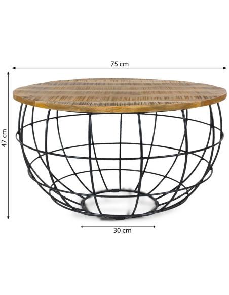 Table basse moderne Ronde en Bois de manguier massif Marron tabac Métal Noir Velron - 7