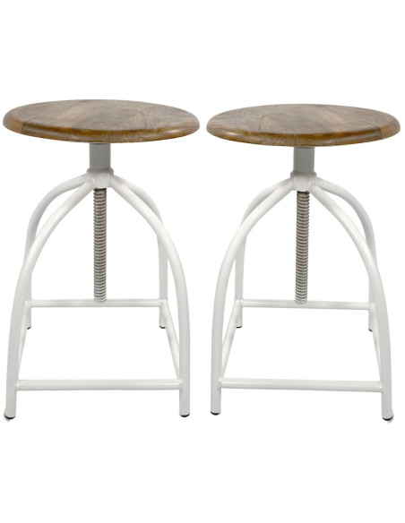 Tabouret de bar moderne hauteur réglable en Bois de manguier massif Marron Métal Blanc Liverpoom (Lot de 2) - 1