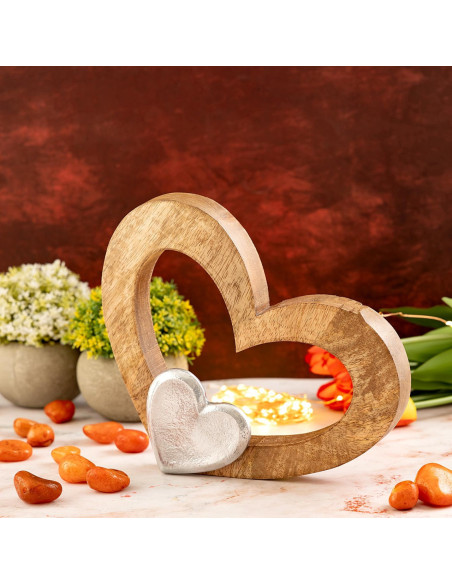 Sculpture déco Coeurs 27 cm en Bois de manguier massif Naturel Métal Doré Tavrix - 2