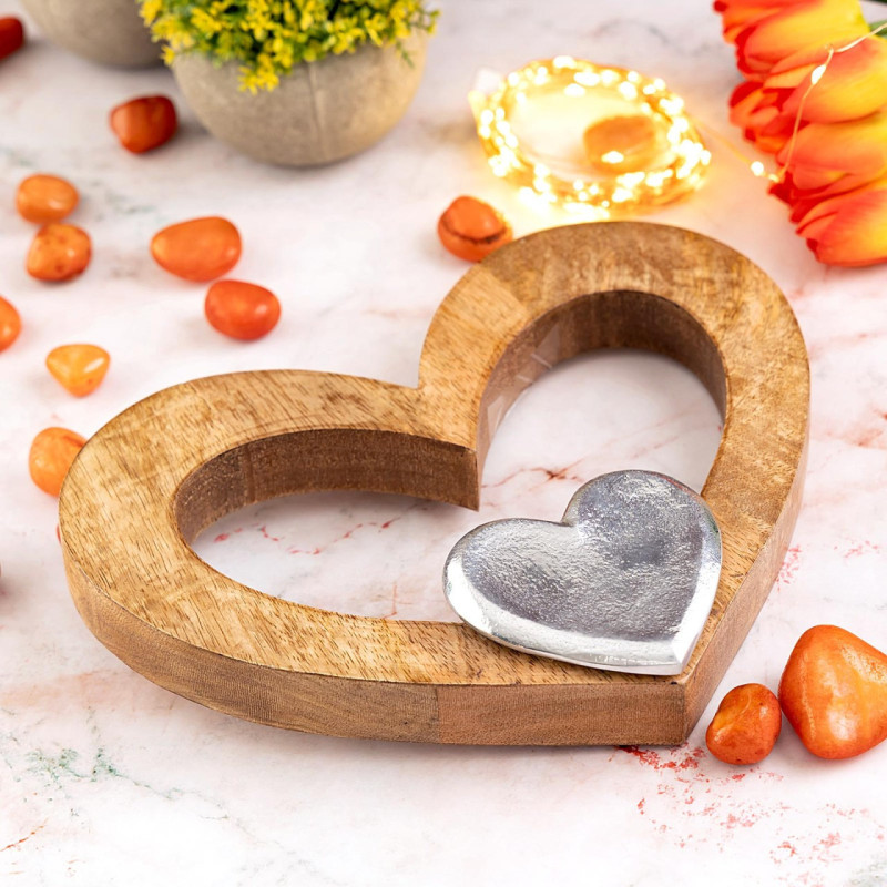 Sculpture déco Coeurs 27 cm en Bois de manguier massif Naturel Métal Doré Tavrix - 6