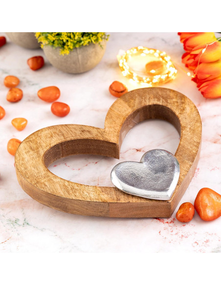 Sculpture déco Coeurs 27 cm en Bois de manguier massif Naturel Métal Doré Tavrix - 6