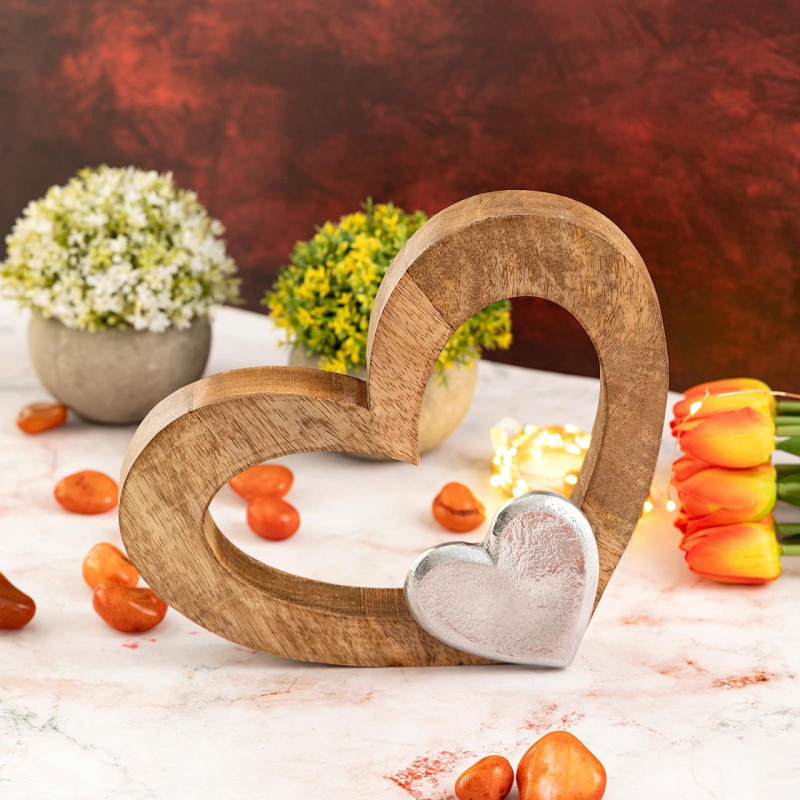 Sculpture déco Coeurs 27 cm en Bois de manguier massif Naturel Métal Doré Tavrix - 7