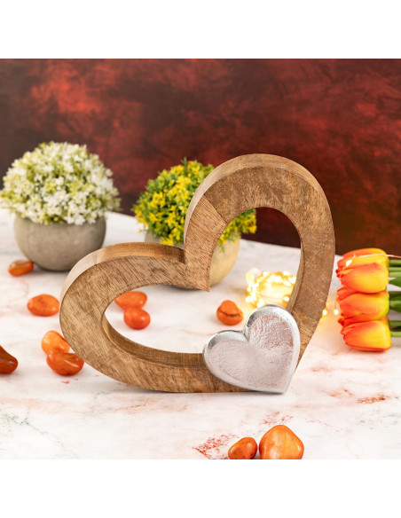 Sculpture déco Coeurs 27 cm en Bois de manguier massif Naturel Métal Doré Tavrix - 7