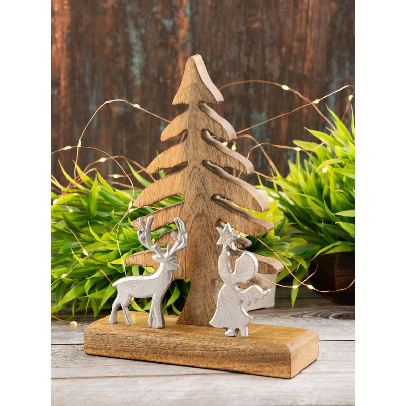 Sculpture déco Sapin Ange Cerf Hauteur 27 cm en Bois de manguier massif Naturel Métal Argenté Zarion - 5