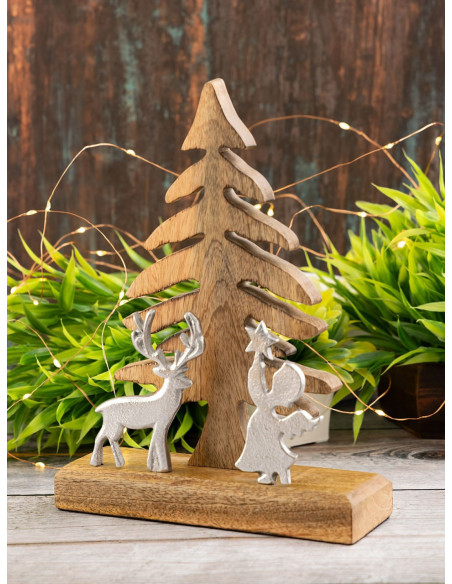 Sculpture déco Sapin Ange Cerf Hauteur 27 cm en Bois de manguier massif Naturel Métal Argenté Zarion - 5