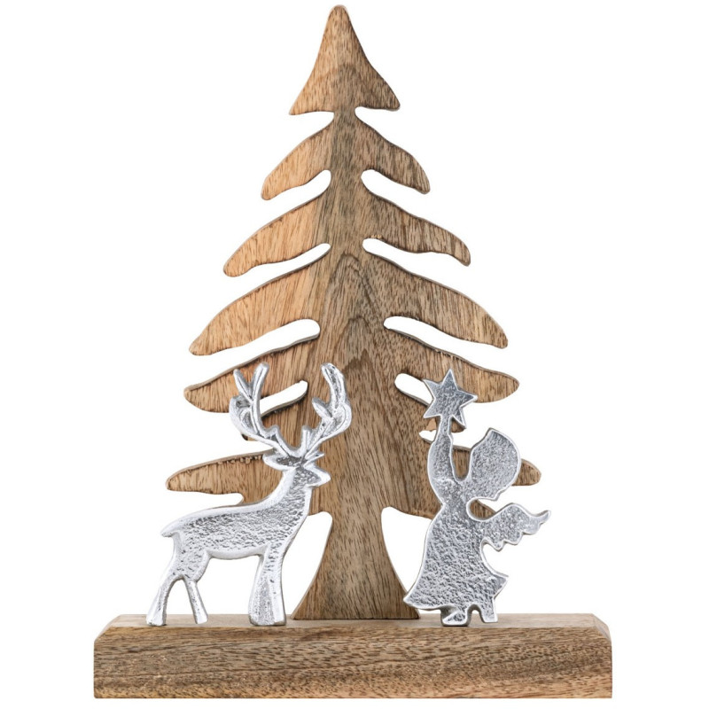 Sculpture déco Sapin Ange Cerf Hauteur 27 cm en Bois de manguier massif Naturel Métal Argenté Zarion - 3