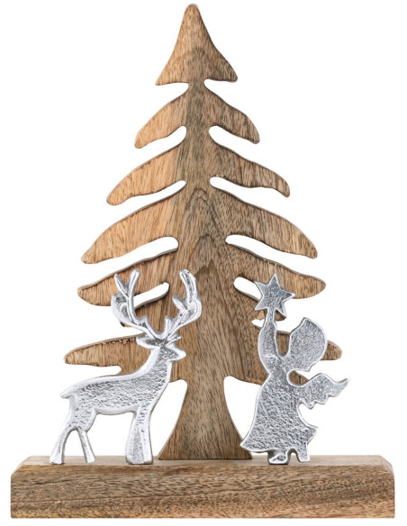 Sculpture déco Sapin Ange Cerf Hauteur 27 cm en Bois de manguier massif Naturel Métal Argenté Zarion - 3
