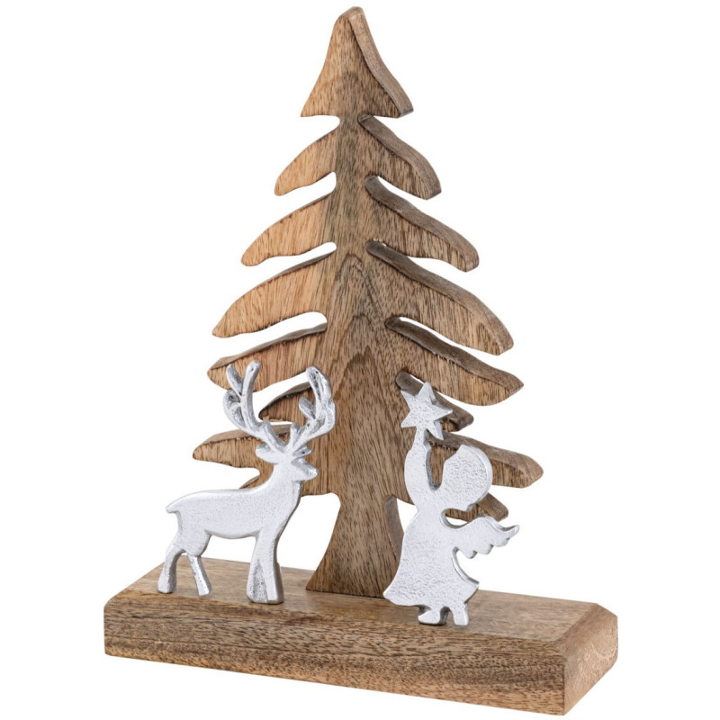 Sculpture déco Sapin Ange Cerf Hauteur 27 cm en Bois de manguier massif Naturel Métal Argenté Zarion - 4