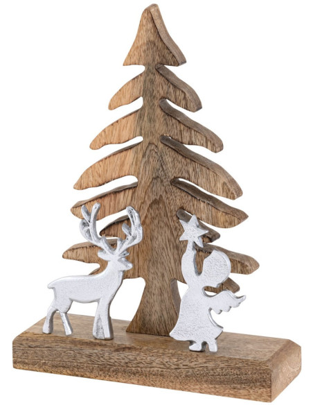 Sculpture déco Sapin Ange Cerf Hauteur 27 cm en Bois de manguier massif Naturel Métal Argenté Zarion - 4