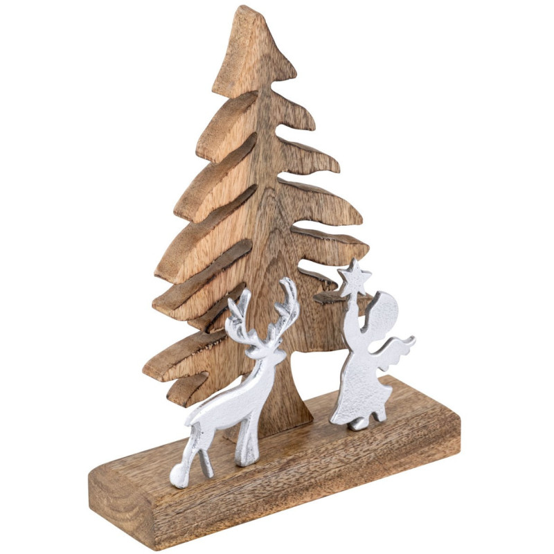 Sculpture déco Sapin Ange Cerf Hauteur 27 cm en Bois de manguier massif Naturel Métal Argenté Zarion - 1