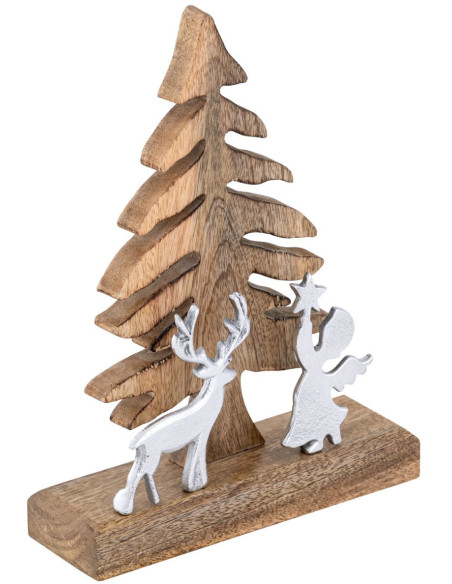 Sculpture déco Sapin Ange Cerf Hauteur 27 cm en Bois de manguier massif Naturel Métal Argenté Zarion - 1