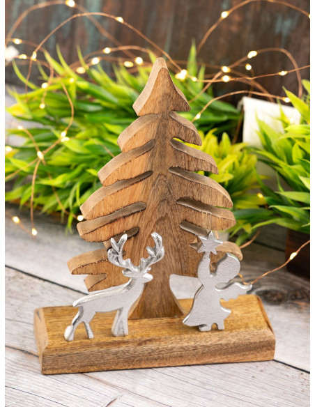 Sculpture déco Sapin Ange Cerf Hauteur 27 cm en Bois de manguier massif Naturel Métal Argenté Zarion - 2