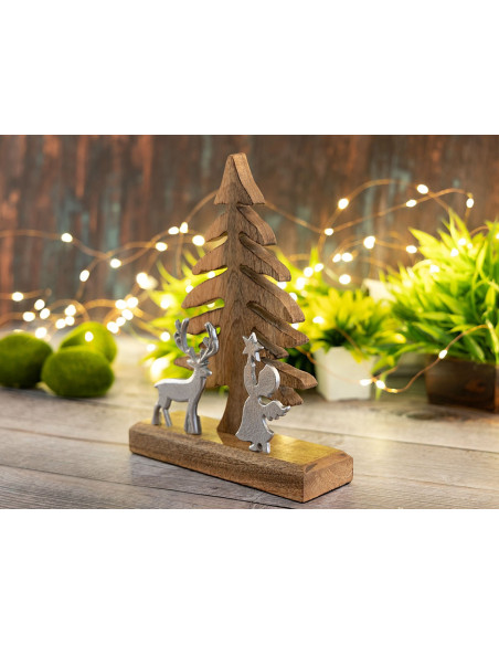 Sculpture déco Sapin Ange Cerf Hauteur 27 cm en Bois de manguier massif Naturel Métal Argenté Zarion - 6