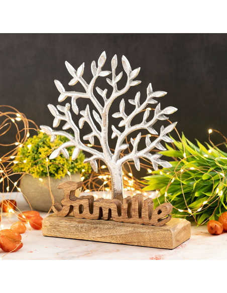 Sculpture déco Arbre Famille Hauteur 27 cm en Bois de manguier massif Naturel Métal Argenté Varlix - 2