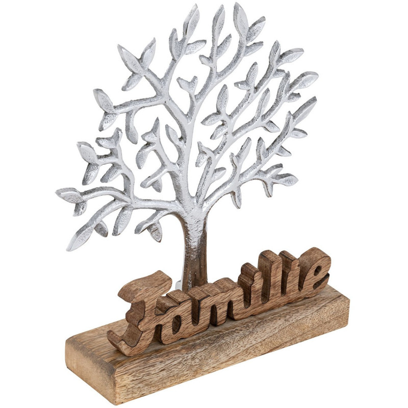 Sculpture déco Arbre Famille Hauteur 27 cm en Bois de manguier massif Naturel Métal Argenté Varlix - 1