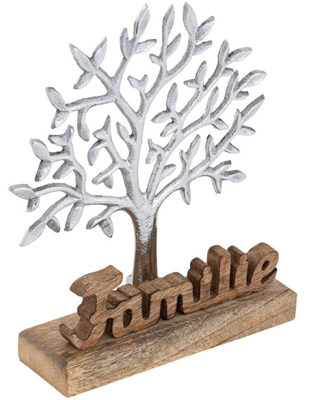 Sculpture déco Arbre Famille Hauteur 27 cm en Bois de manguier massif Naturel Métal Argenté Varlix - 1