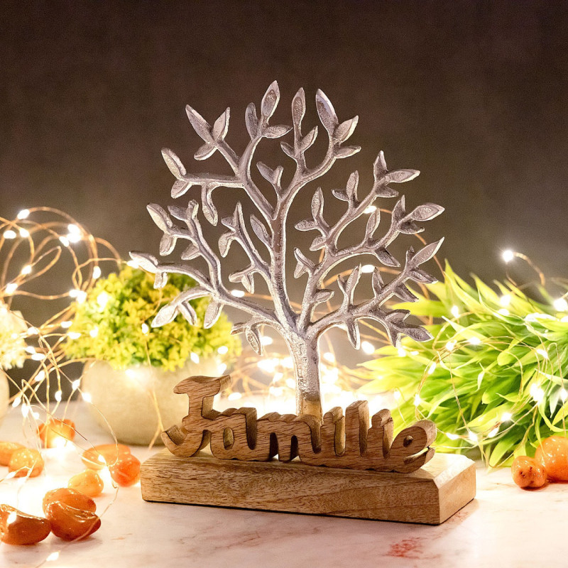 Sculpture déco Arbre Famille Hauteur 27 cm en Bois de manguier massif Naturel Métal Argenté Varlix - 5