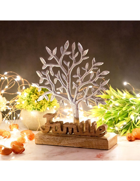 Sculpture déco Arbre Famille Hauteur 27 cm en Bois de manguier massif Naturel Métal Argenté Varlix - 5