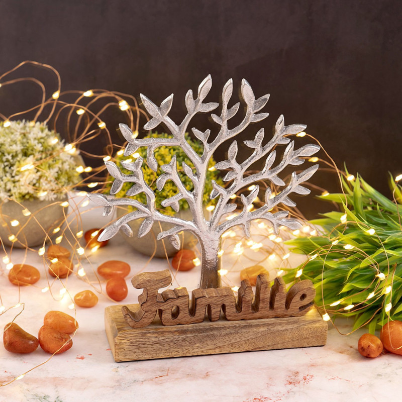 Sculpture déco Arbre Famille Hauteur 27 cm en Bois de manguier massif Naturel Métal Argenté Varlix - 6