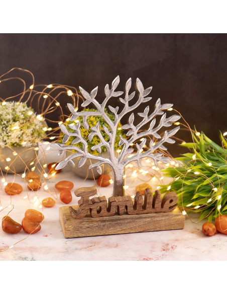 Sculpture déco Arbre Famille Hauteur 27 cm en Bois de manguier massif Naturel Métal Argenté Varlix - 6