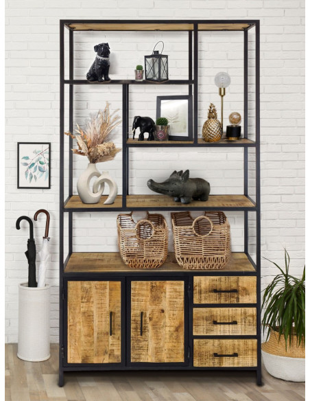 Grande Étagère moderne 2 portes 3 tiroirs 5 niveaux en Bois de manguier massif Naturel Métal Noir Evrion - 2