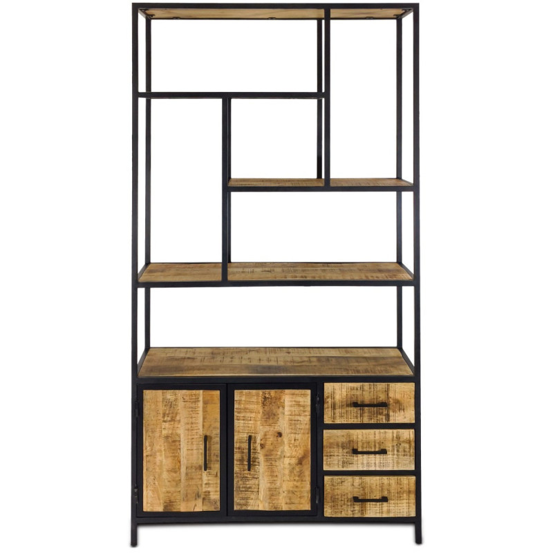 Grande Étagère moderne 2 portes 3 tiroirs 5 niveaux en Bois de manguier massif Naturel Métal Noir Evrion - 3