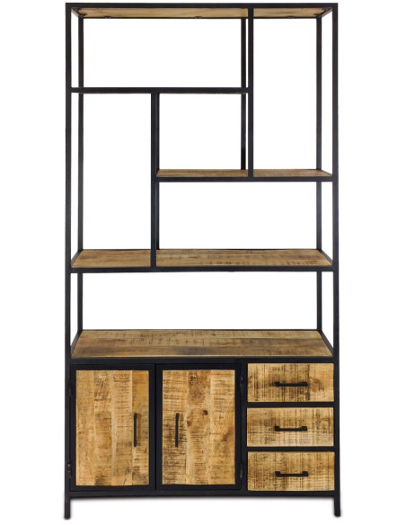 Grande Étagère moderne 2 portes 3 tiroirs 5 niveaux en Bois de manguier massif Naturel Métal Noir Evrion - 3