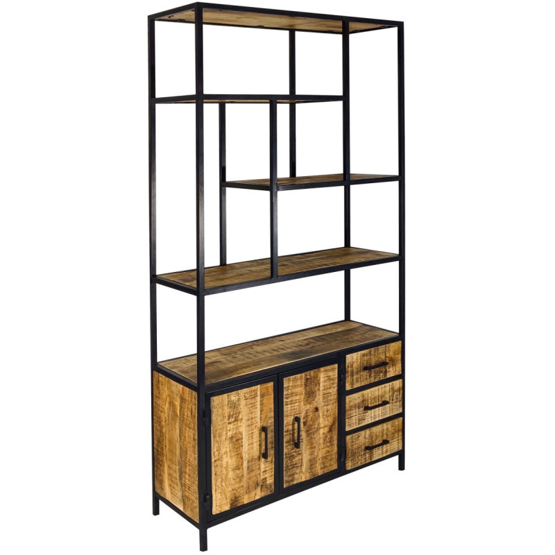 Grande Étagère moderne 2 portes 3 tiroirs 5 niveaux en Bois de manguier massif Naturel Métal Noir Evrion - 1