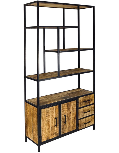 Grande Étagère moderne 2 portes 3 tiroirs 5 niveaux en Bois de manguier massif Naturel Métal Noir Evrion - 1