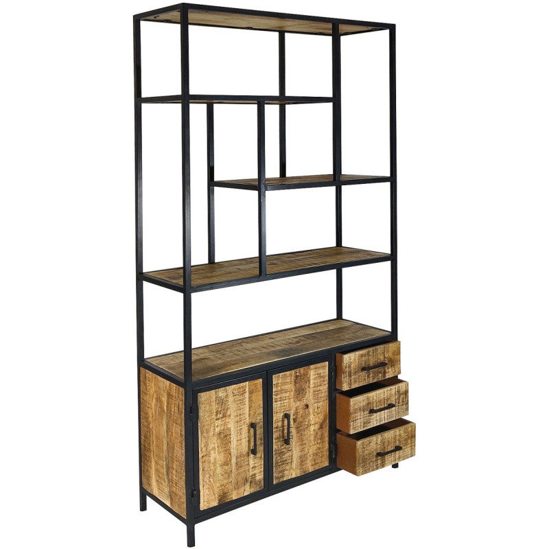 Grande Étagère moderne 2 portes 3 tiroirs 5 niveaux en Bois de manguier massif Naturel Métal Noir Evrion - 4