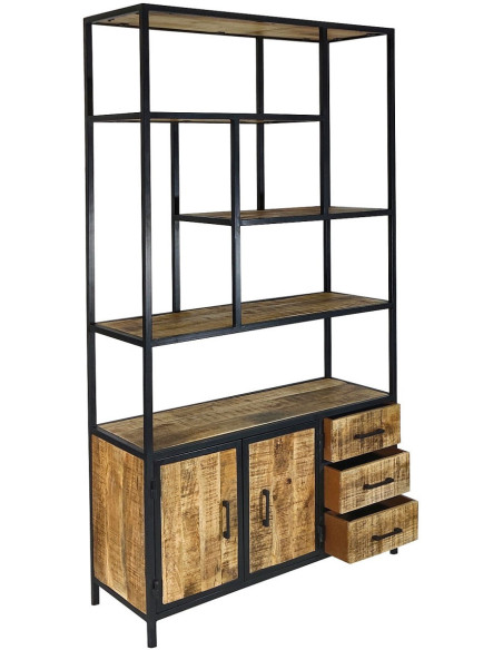 Grande Étagère moderne 2 portes 3 tiroirs 5 niveaux en Bois de manguier massif Naturel Métal Noir Evrion - 4