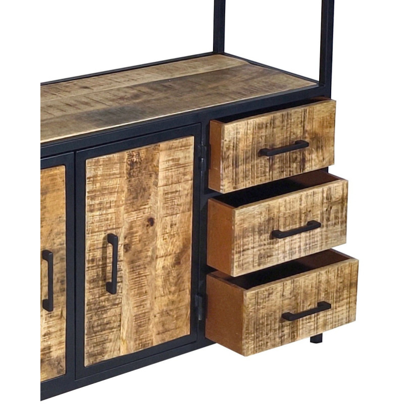 Grande Étagère moderne 2 portes 3 tiroirs 5 niveaux en Bois de manguier massif Naturel Métal Noir Evrion - 6