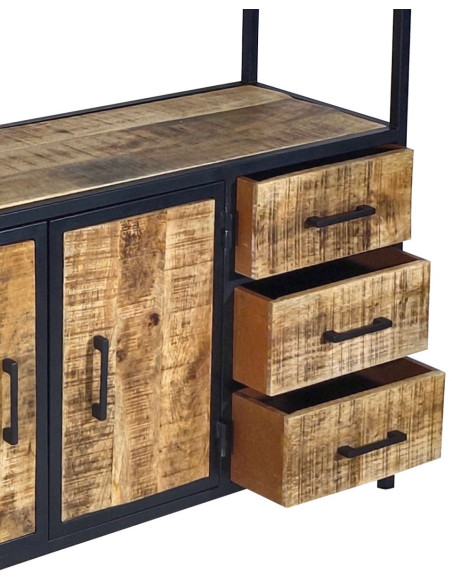 Grande Étagère moderne 2 portes 3 tiroirs 5 niveaux en Bois de manguier massif Naturel Métal Noir Evrion - 6