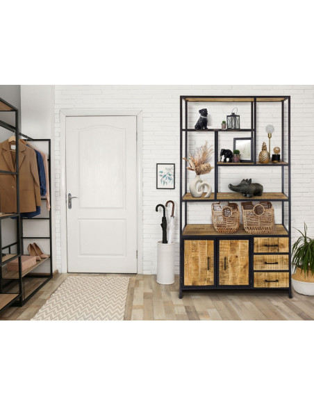 Grande Étagère moderne 2 portes 3 tiroirs 5 niveaux en Bois de manguier massif Naturel Métal Noir Evrion - 7