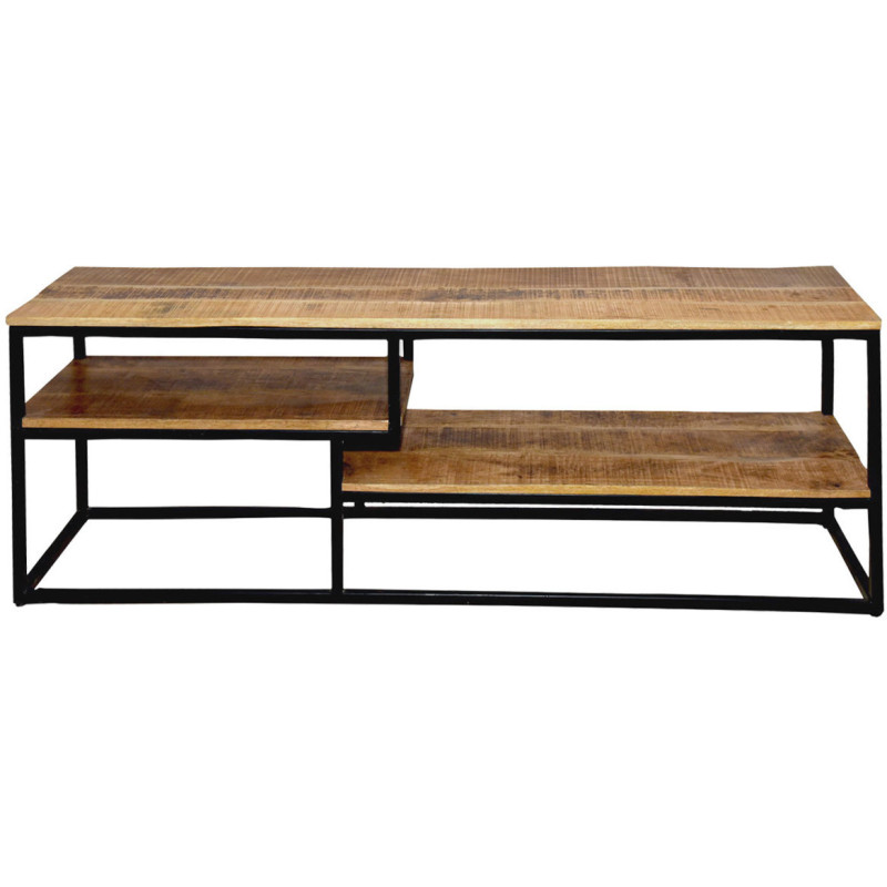 Meuble télé moderne 2 étagères en Bois de manguier massif Naturel Métal Noir Evrion - 1