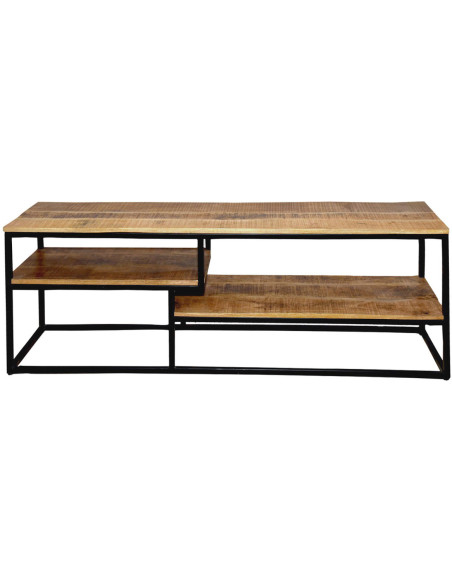 Meuble télé moderne 2 étagères en Bois de manguier massif Naturel Métal Noir Evrion - 1