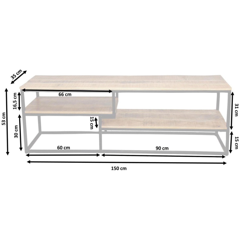 Meuble télé moderne 2 étagères en Bois de manguier massif Naturel Métal Noir Evrion - 3