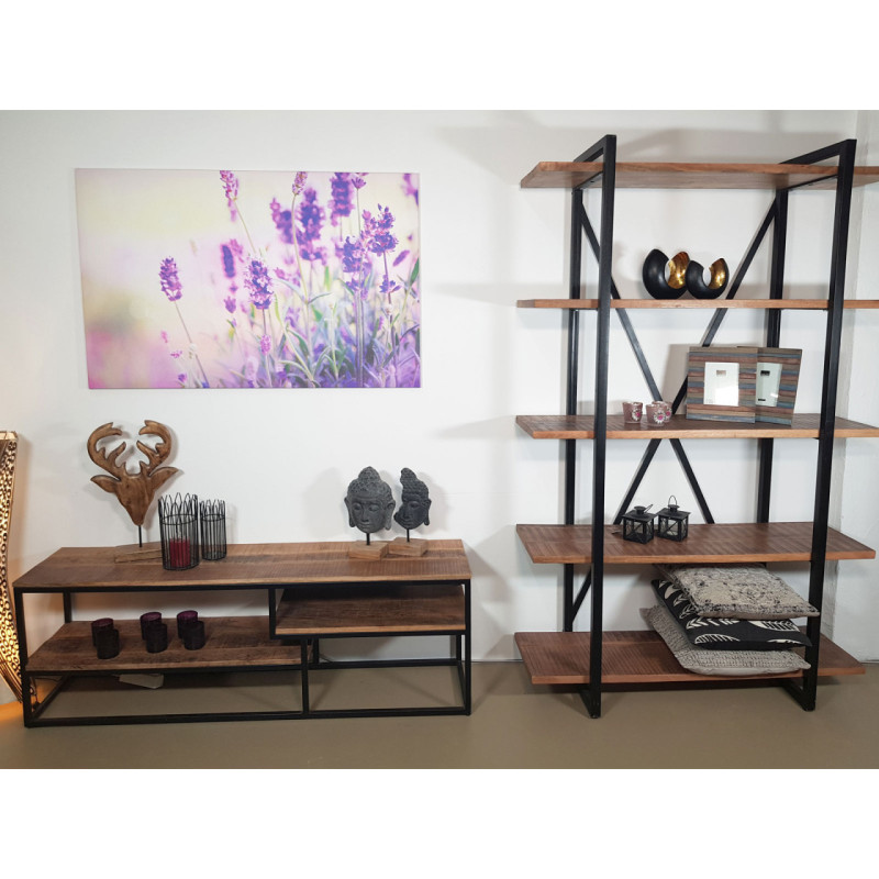 Meuble télé moderne 2 étagères en Bois de manguier massif Naturel Métal Noir Evrion - 2