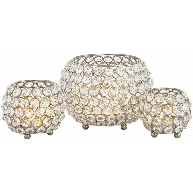 Photophore moderne chic Rond en Cristaux de verre Métal Argenté Dylira (Lot de 3) - 1